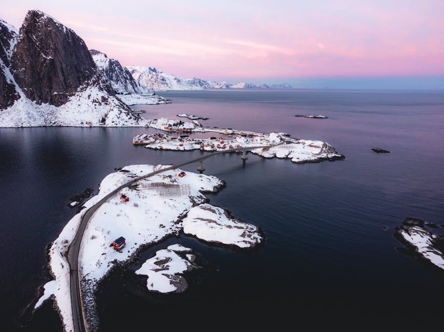 Aerial of Lofoten Islands under snow