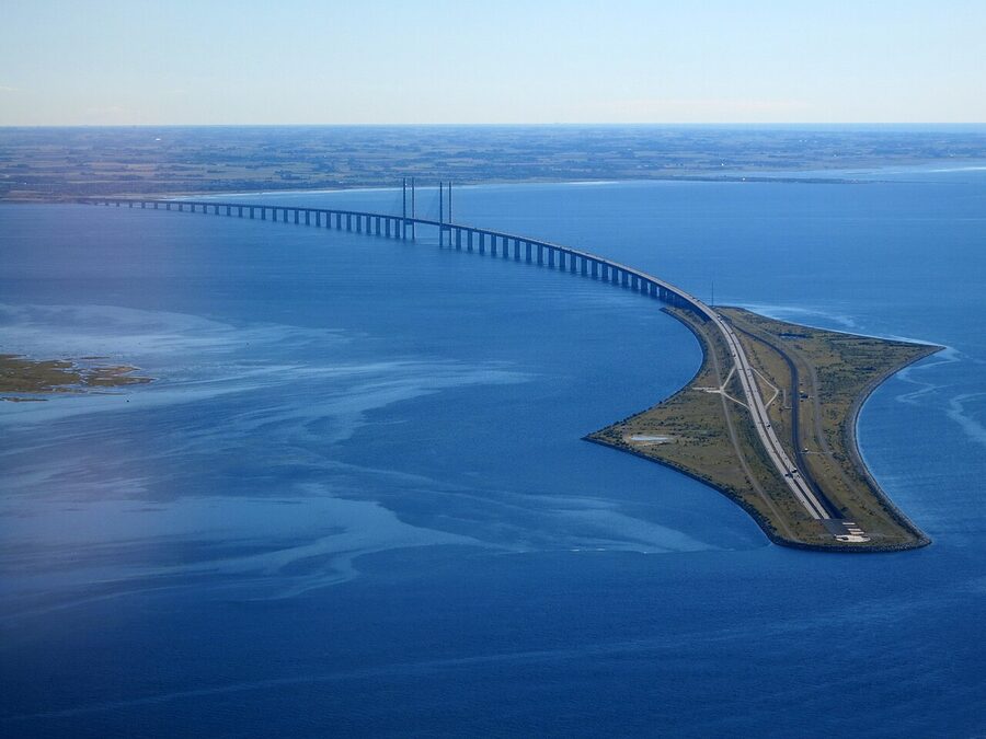 The Øresund Bridge from the air, linking Sweden and Denmark