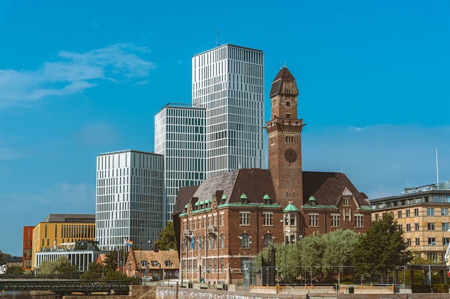 Modern skyscrapers and historic brick architecture in Malmö, Sweden
