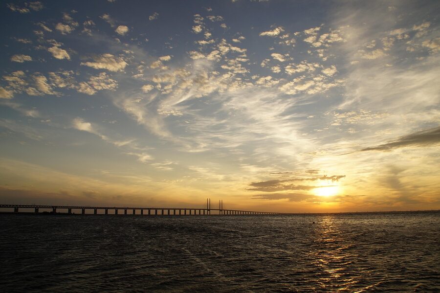 The Øresund Bridge linking Copenhagen and Malmö at sunset