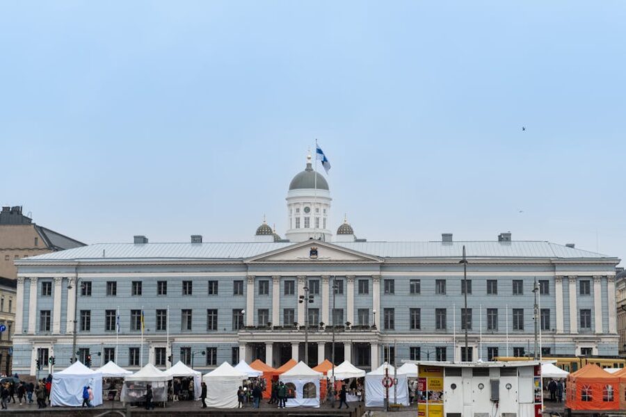 Helsinki city hall and Kauppatori market square in the morning