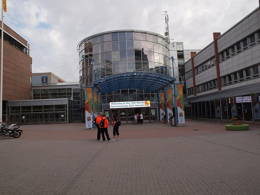 The main entrance of Helsinki Expo and Convention Centre during a busy fair day