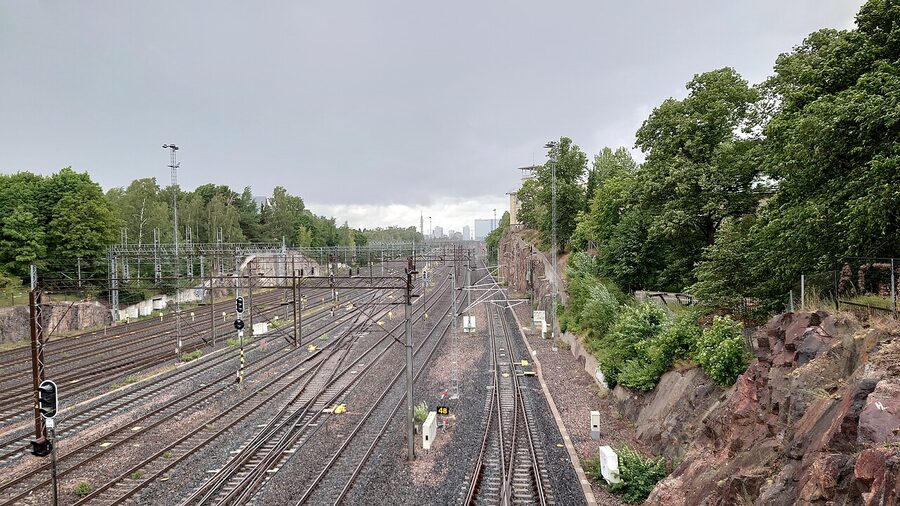 Railway lines seen from Linnunlaulu pedestrian bridge in Helsinki