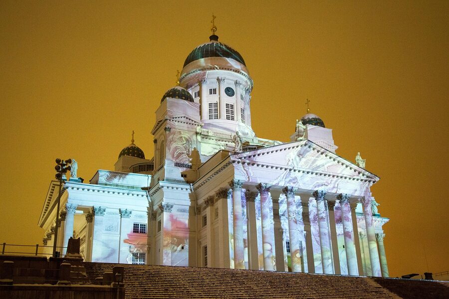 A Helsinki winter scene with snow and city architecture