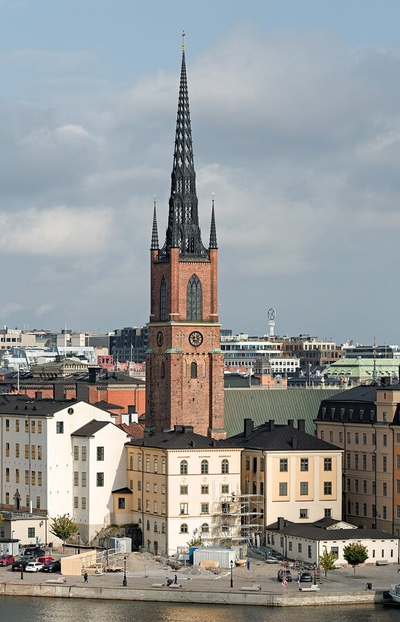 View from Monteliusvägen, Stockholm, with Riddarholmen Church spire across the water in soft evening light