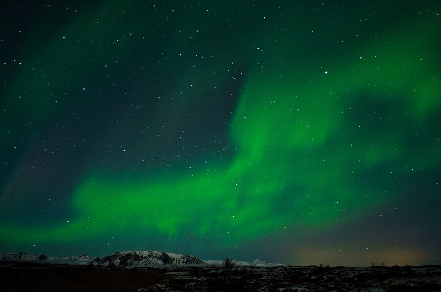 Aurora borealis over Þingvellir National Park, Iceland