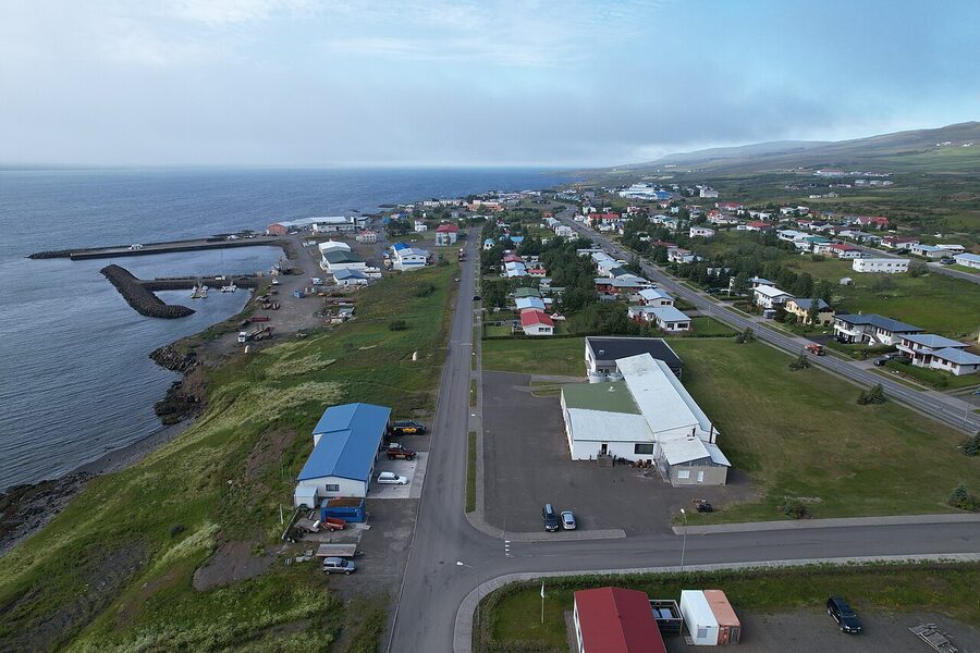 Aerial view of Hvammstangi, a small fishing town in north-west Iceland