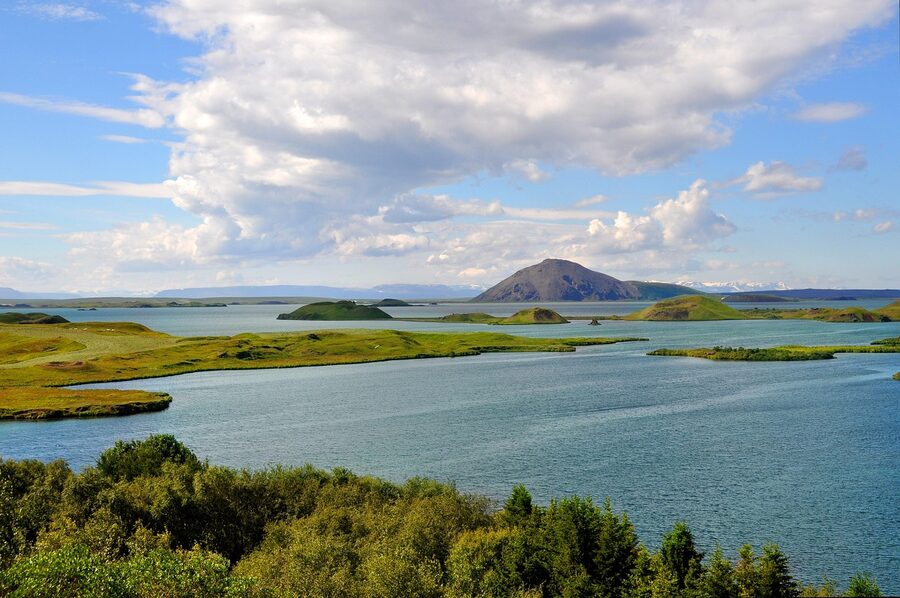 Lake Mývatn shoreline with volcanic geology, Iceland