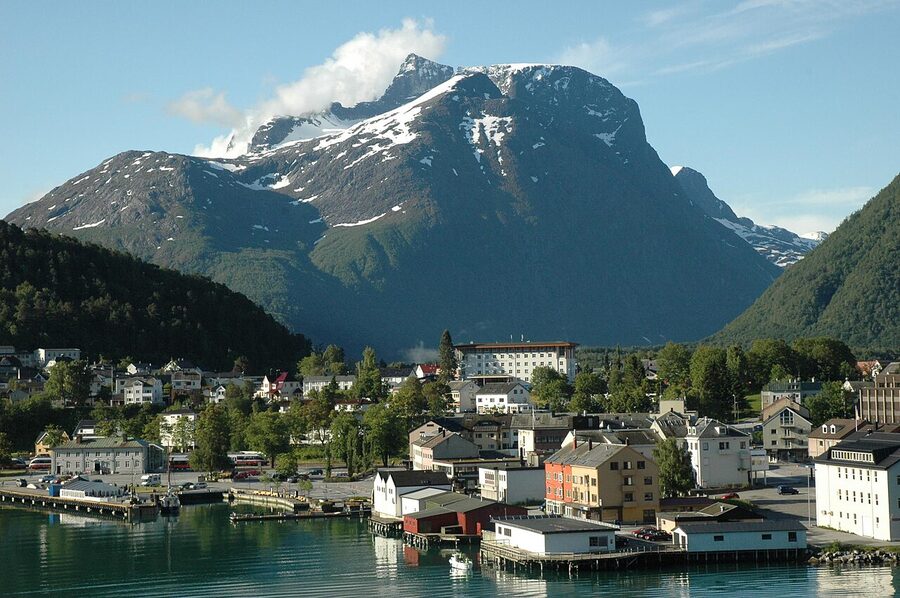 Andalsnes harbour and Romsdalsfjord with mountains behind