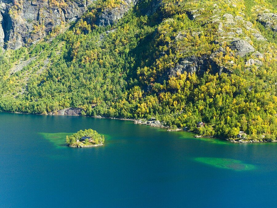 Aurland village and Aurlandsfjord with Myrdal valley behind