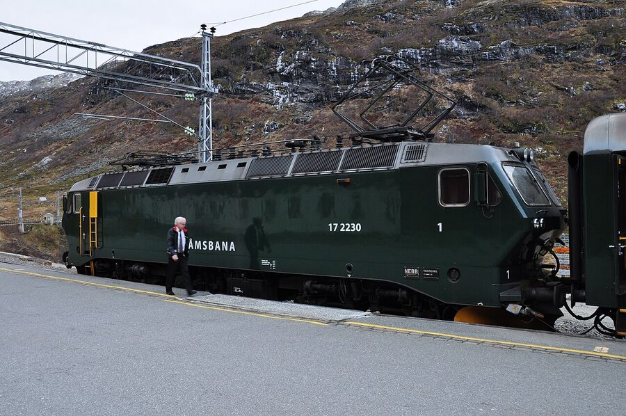The green Flam Railway train descending through a steep wooded valley
