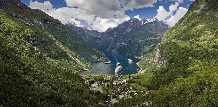 Geiranger village from Flydalsjuvet viewpoint above the UNESCO fjord