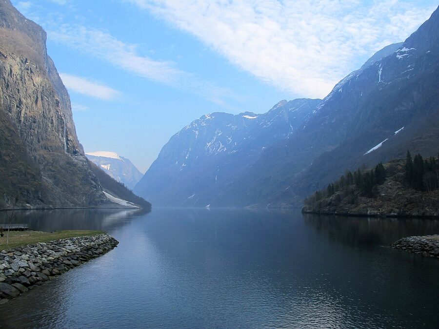 Naeroyfjord UNESCO listed narrow fjord with steep walls in western Norway