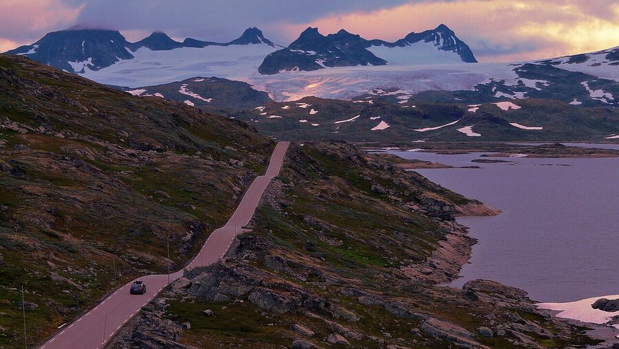 Sognefjellet mountain pass road between glaciers in central Norway