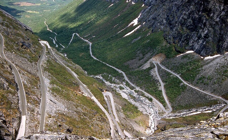 Trollstigen road climbing eleven hairpins up a steep cliff face in Romsdal Norway