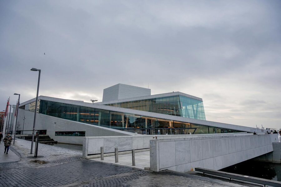 Oslo Opera House in winter with snow on the roof