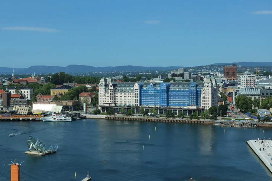 Aerial view of Oslo waterfront with the Opera House and Bjorvika district