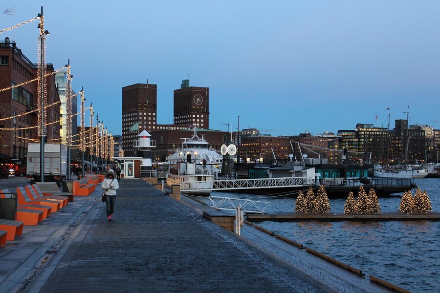 Aker Brygge waterfront in evening light, Oslo