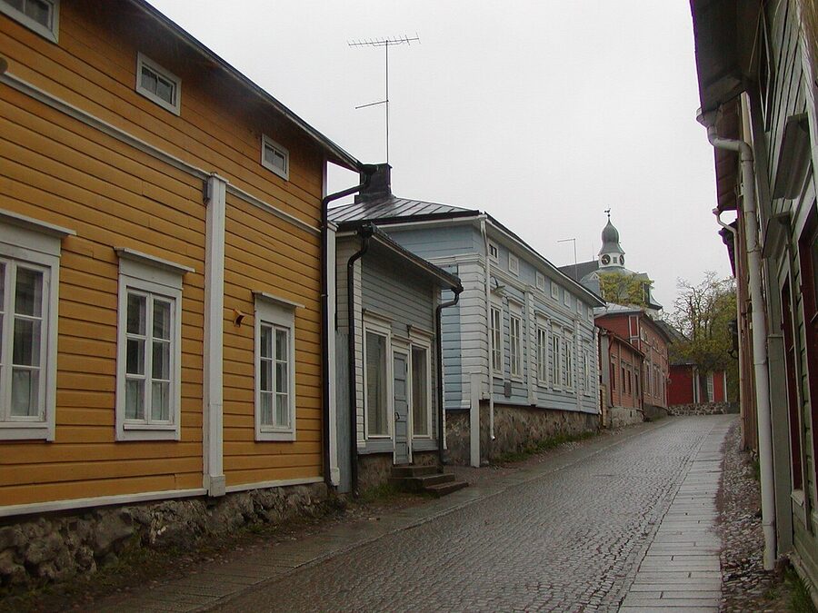 Porvoo Cathedral with its roof gone and walls smoke-blackened, photographed shortly after the 2006 arson