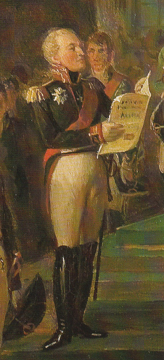 Engraving showing G.M. Sprengtporten taking the constitutional oath at the Diet of Porvoo
