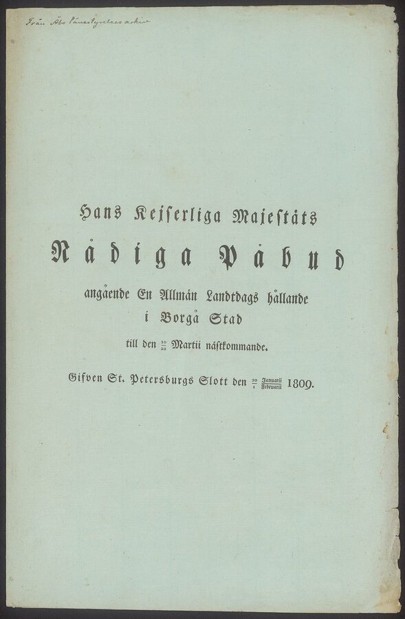 The original imperial summons document for the Diet of Porvoo, 1809, in Russian and Swedish