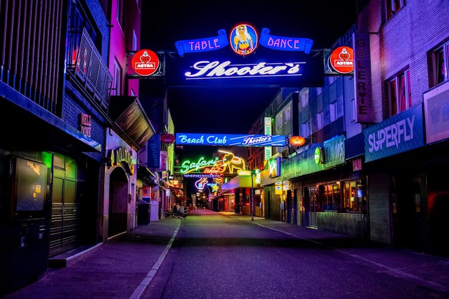 The Reeperbahn neon-lit at night