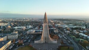 Aerial view of Hallgrimskirkja in Reykjavik at dawn