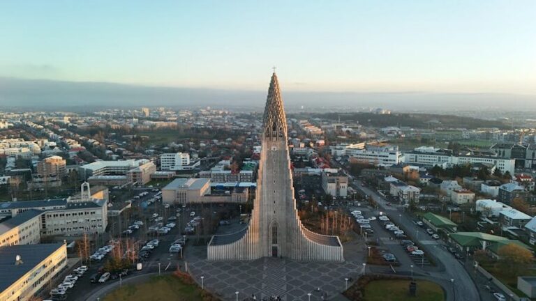 Aerial view of Hallgrimskirkja in Reykjavik at dawn