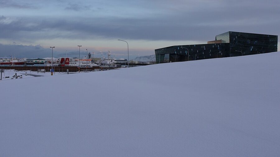 Harpa concert hall under snow