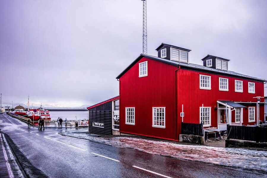 Red building on Reykjavik old harbour in winter