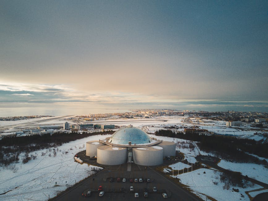Perlan museum dome over snowy Reykjavik