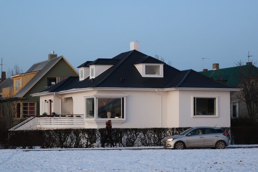 Snow-covered Reykjavik residential street in winter