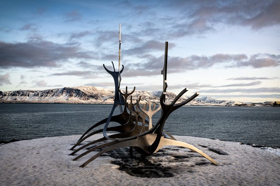 Sun Voyager sculpture on the Reykjavik waterfront in winter