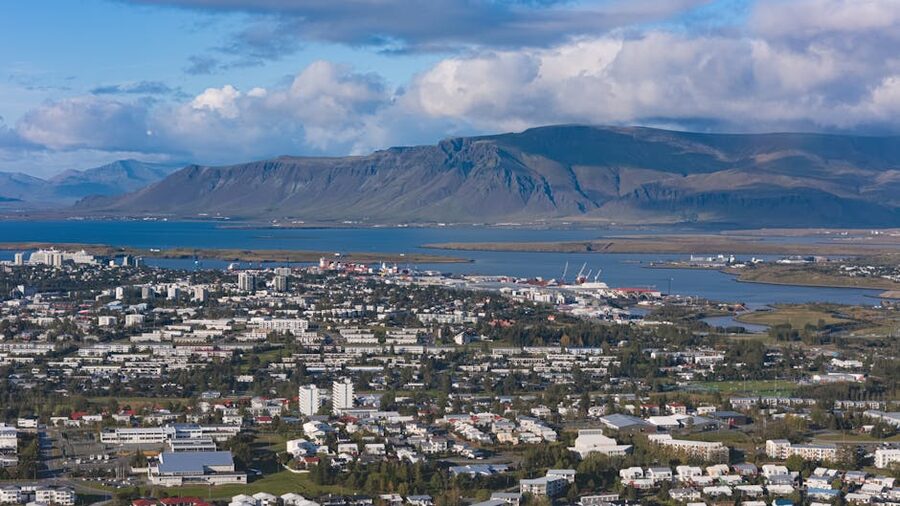 Aerial view of Reykjavík with Mt Esja in the background