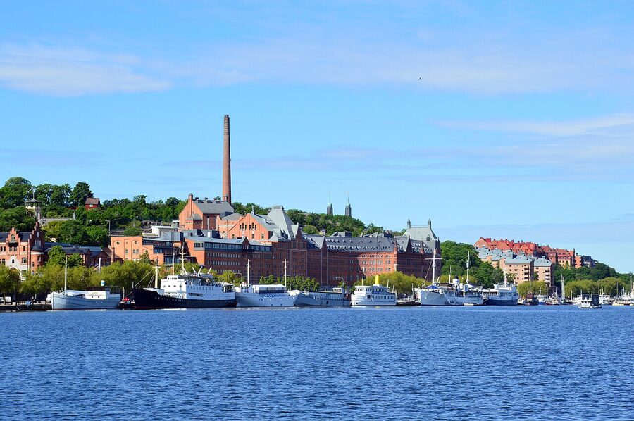 View from Riddarholmen across the water to Münchenbryggeriet, an old red-brick brewery now a conference centre, on Södermalm