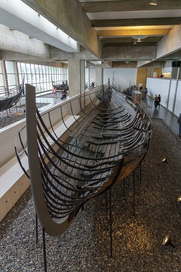Skuldelev 1 displayed in the Viking Ship Museum hall