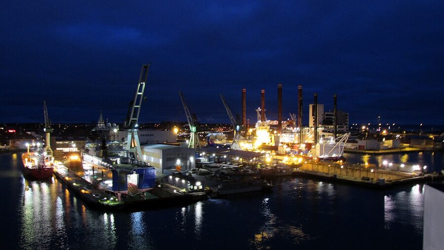 Frederikshavn ferry port with the Stena Line terminal building and ferry vessels at berth