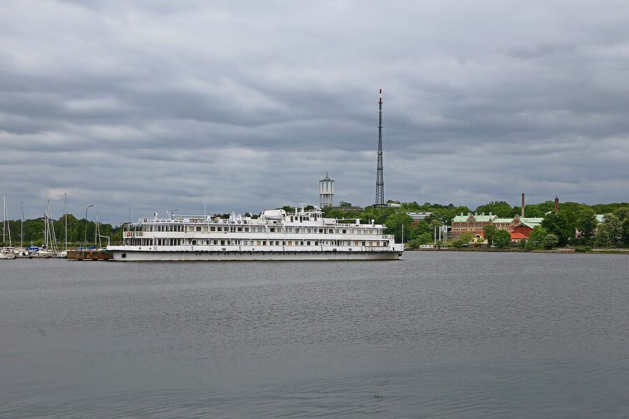 Karlskrona harbour with naval buildings, ferry terminal, and yellow buildings of the UNESCO old town
