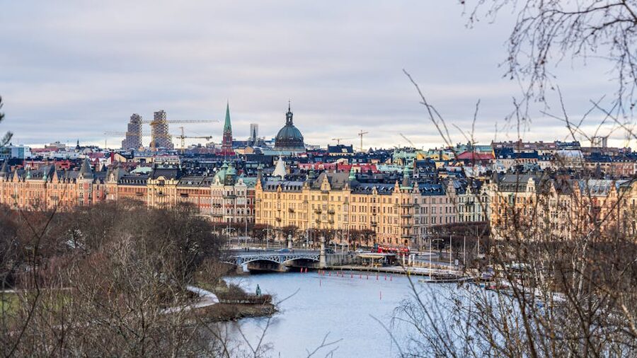 View over Stockholm rooftops covered in snow with the spires of Gamla Stan visible against a winter sky