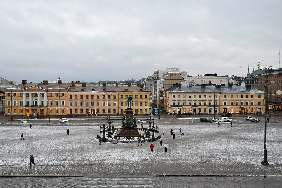 Helsinki Senate Square in winter with snow on the ground