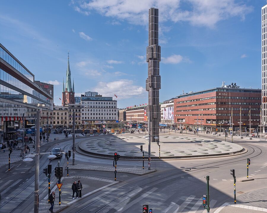 Sergels Torg square in central Stockholm with the glass obelisk Kristallvertikalaccent and surrounding modernist plaza