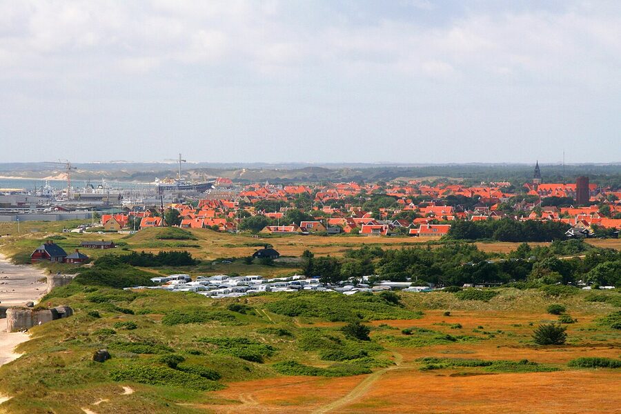 Skagen seen from the top of Det Grå Fyr lighthouse, showing the harbour, town, and dunes
