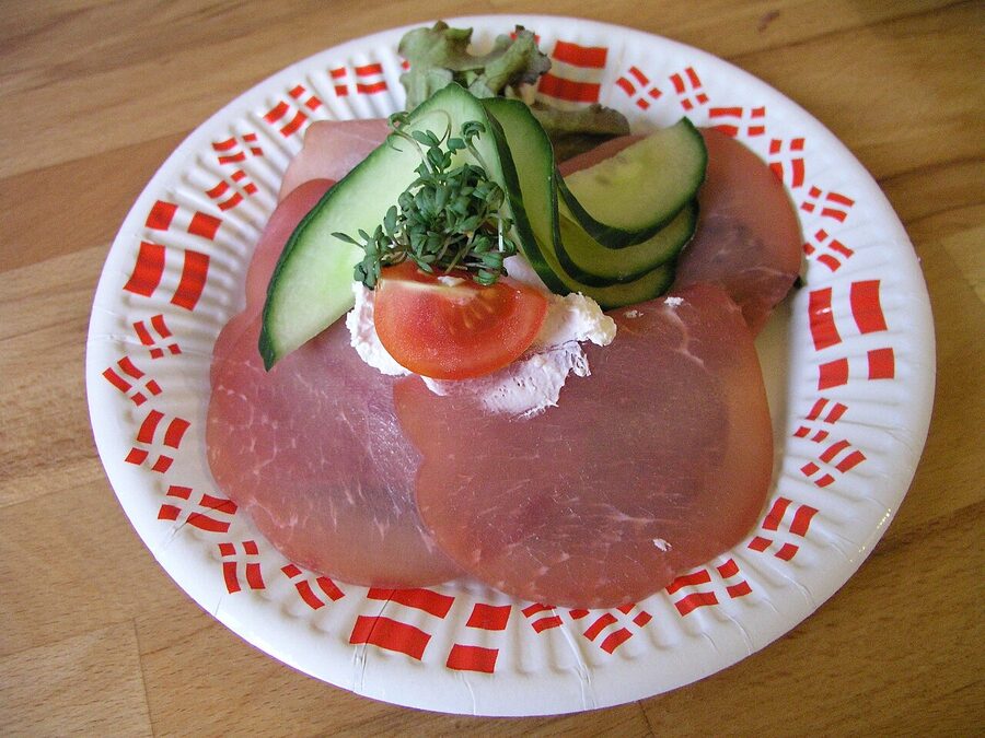A traditionally plated smørrebrød at a Copenhagen lunch counter