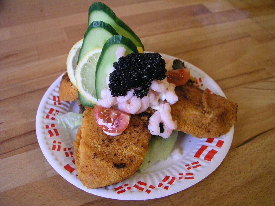 A precisely plated piece of traditional smørrebrød