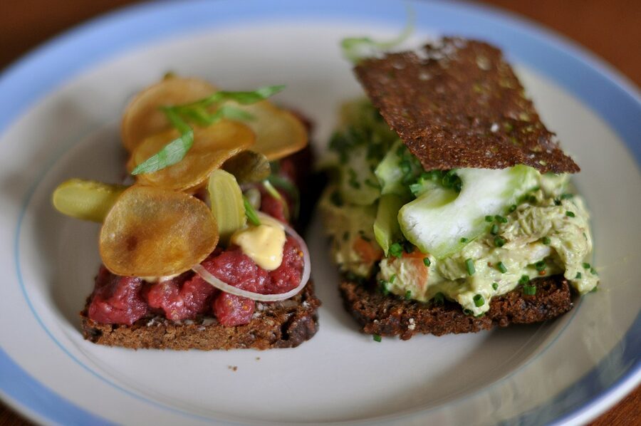 Smørrebrød with beef tatar and chicken salad