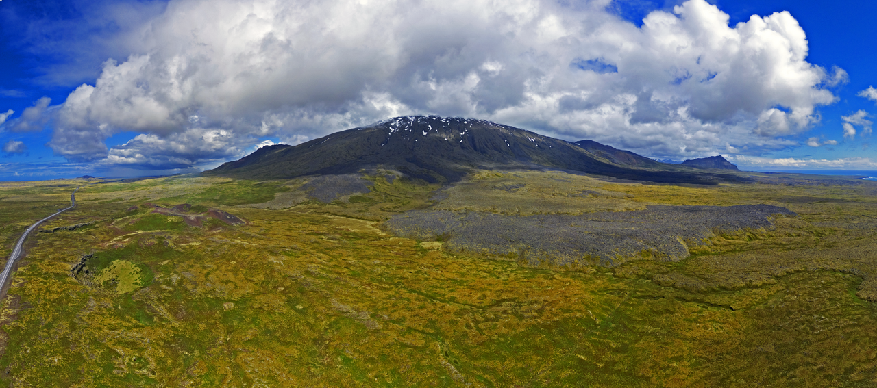 Aerial of Snæfellsjökull glacier and the western Snæfellsnes peninsula