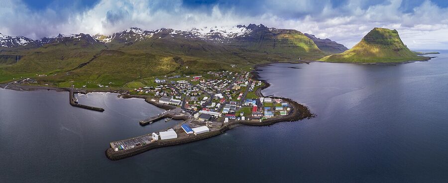 Aerial view of Grundarfjörður and Kirkjufell mountain