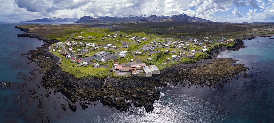 Aerial view of Hellissandur fishing village, Snæfellsnes