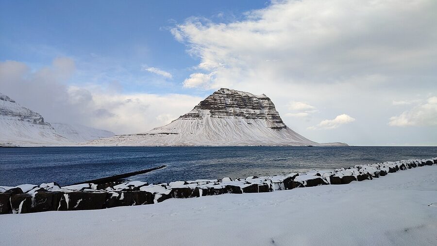 Kirkjufell mountain in winter, snow-covered, Snæfellsnes