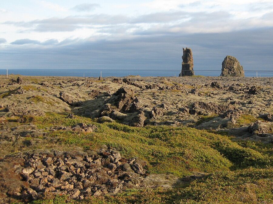 Lóndrangar sea-stacks viewed from Route 574 on the south Snæfellsnes coast